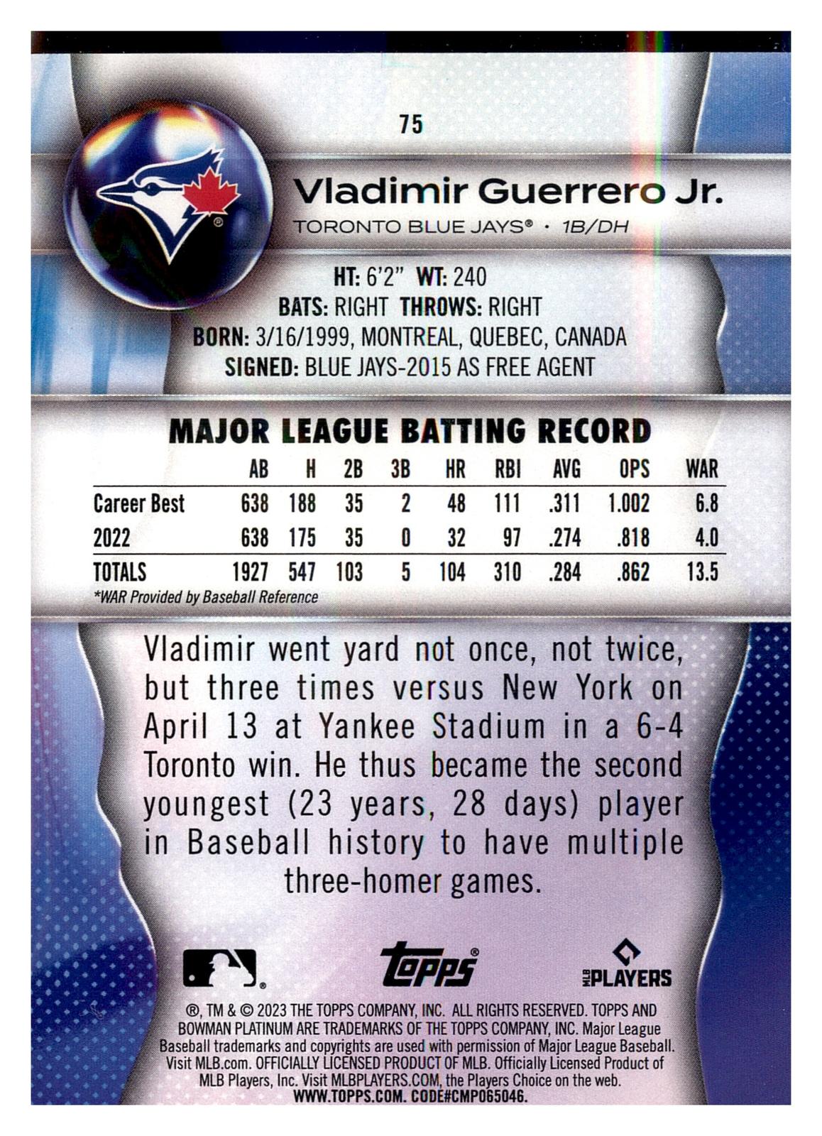 2023 Bowman Platinum #75 Vladimir Guerrero Jr. back