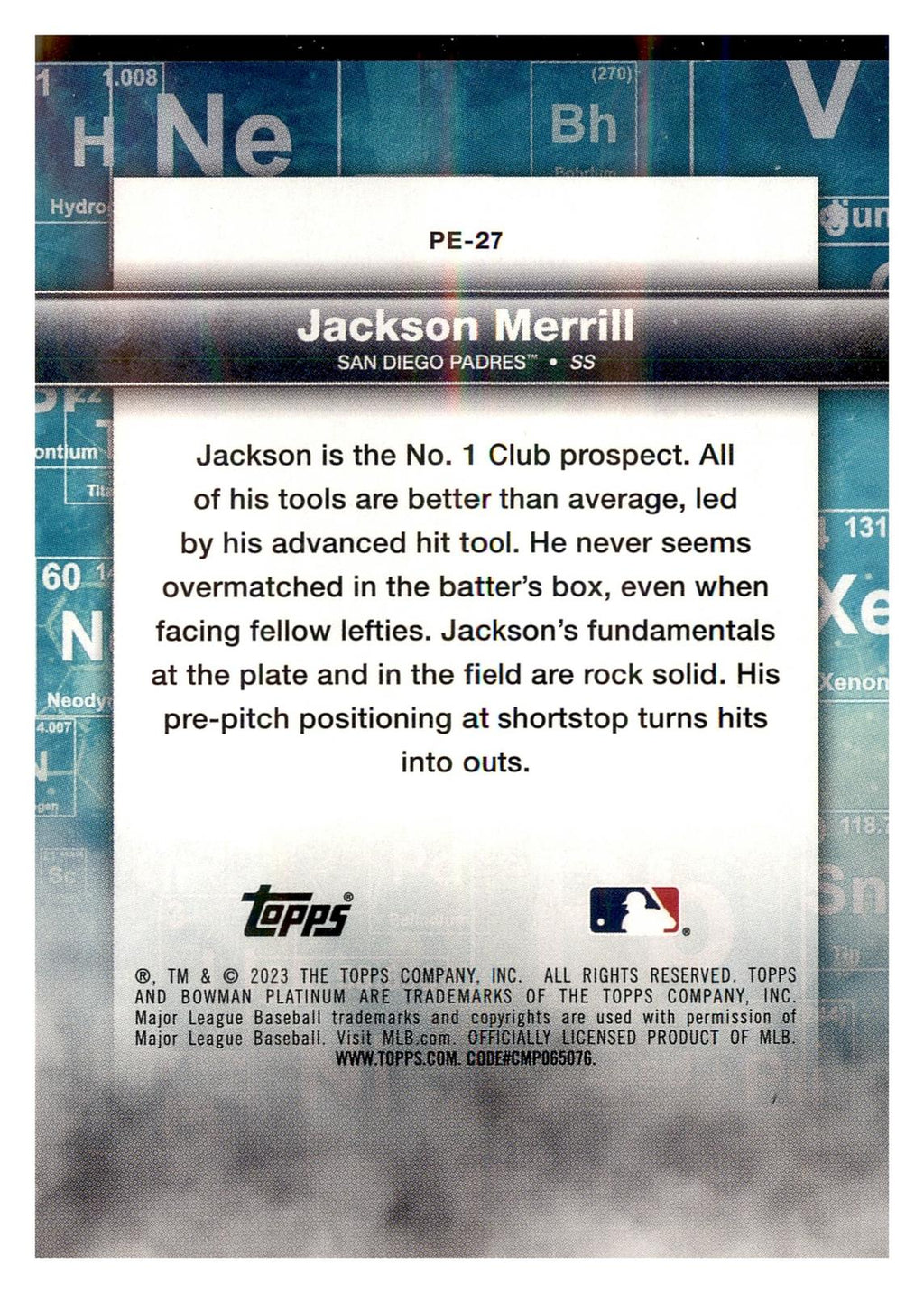2023 Bowman Platinum #PE-27 Jackson Merrill Precious Elements back