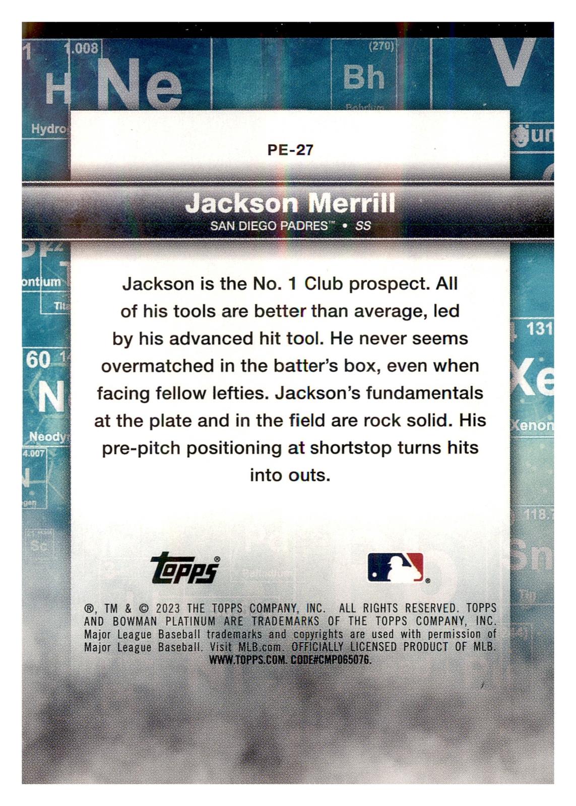 2023 Bowman Platinum #PE-27 Jackson Merrill Precious Elements back