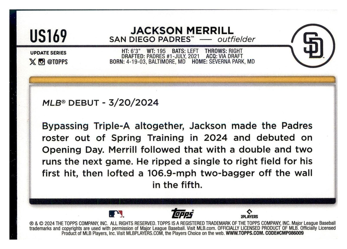 2024 Topps Update #US169 Jackson Merrill back