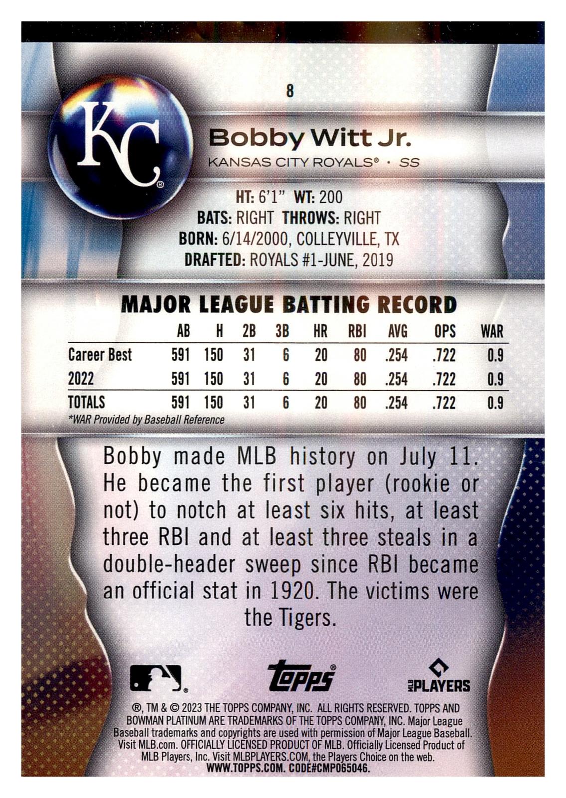 2023 Bowman Platinum #8 Bobby Witt Jr. back