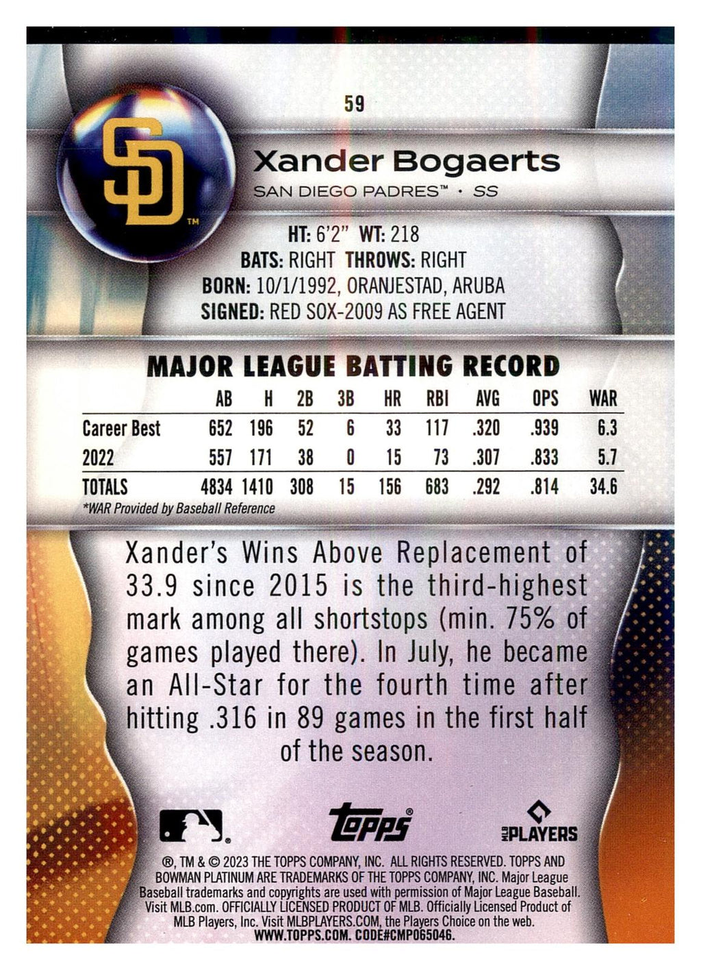 2023 Bowman Platinum #59 Xander Bogaerts back