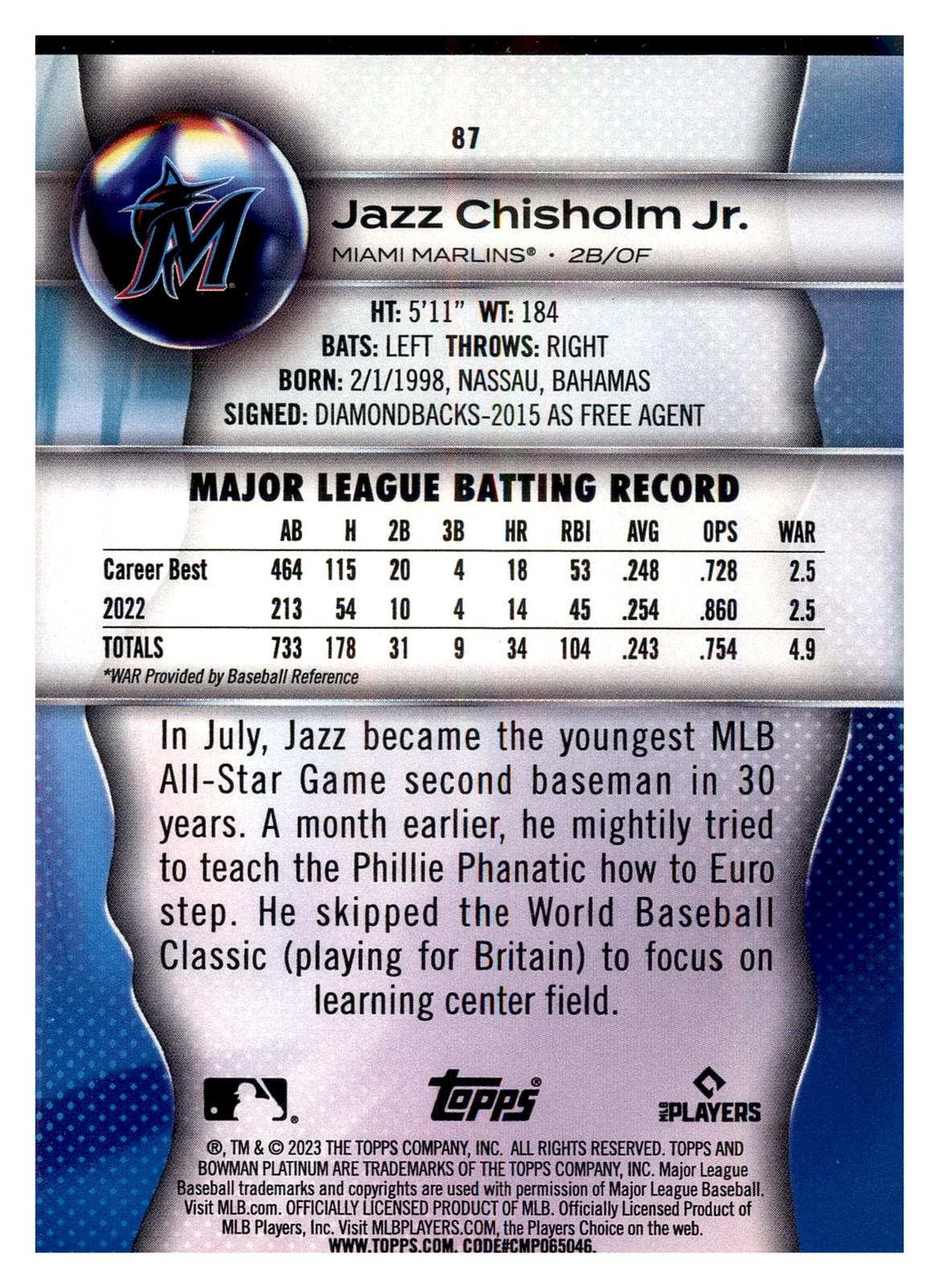 2023 Bowman Platinum #87 Jazz Chisholm Jr. back