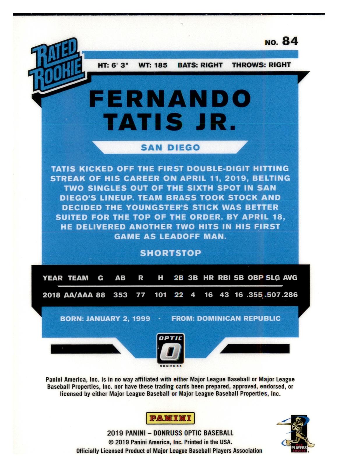 2019 Donruss Optic #84 Fernando Tatis Jr. back