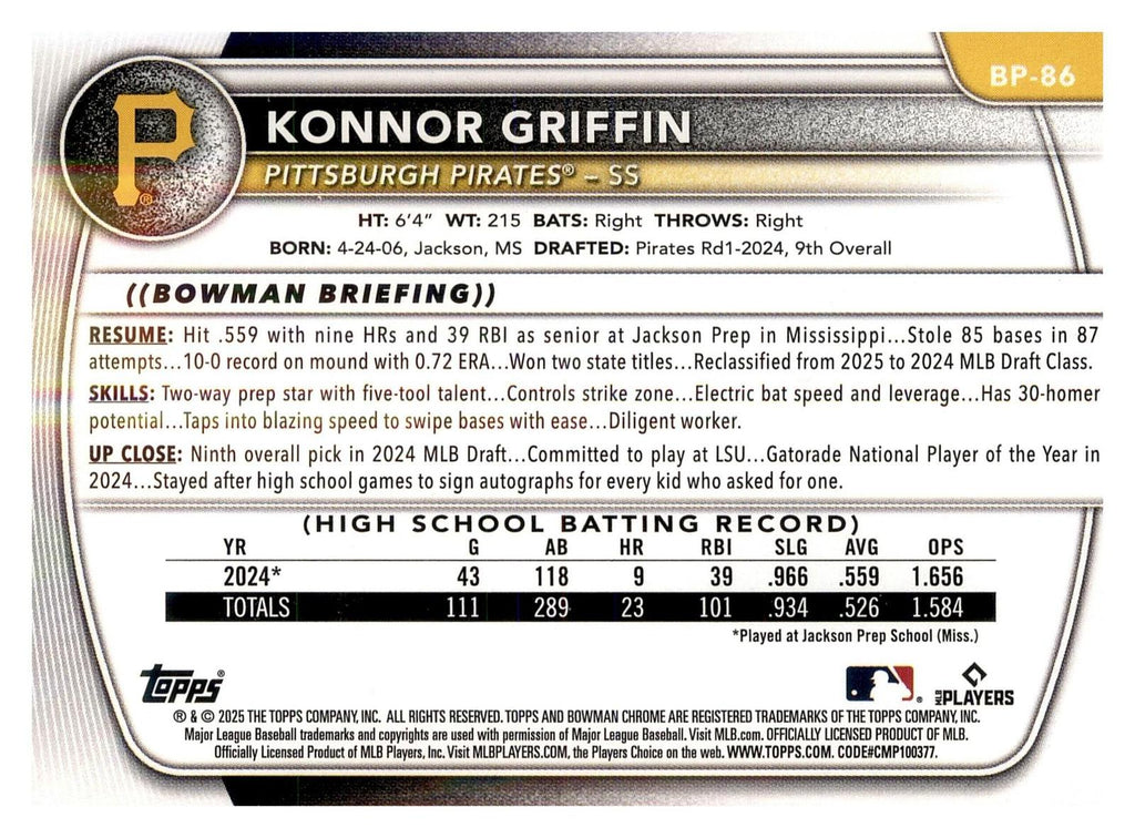 2025 Bowman #BP-86 Konnor Griffin Prospects back