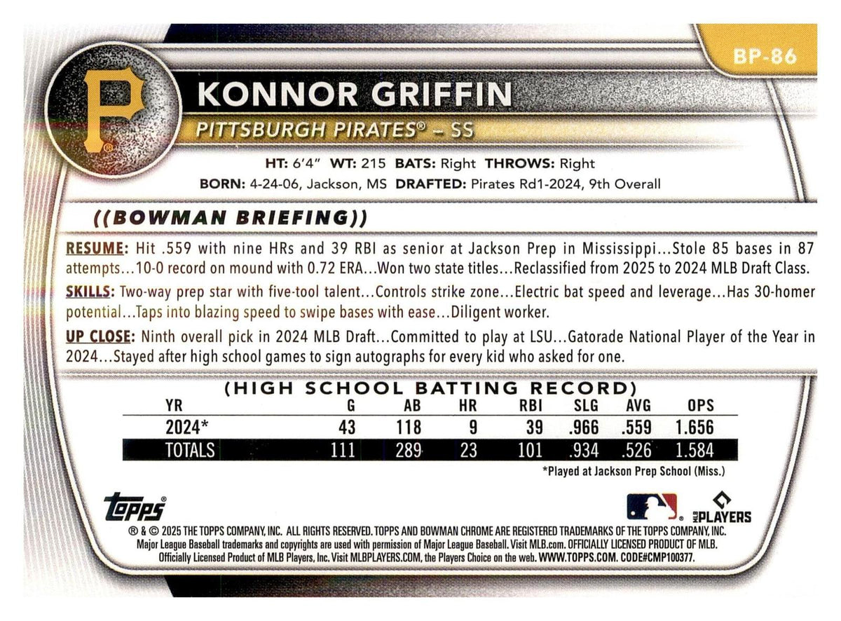 2025 Bowman #BP-86 Konnor Griffin Prospects back