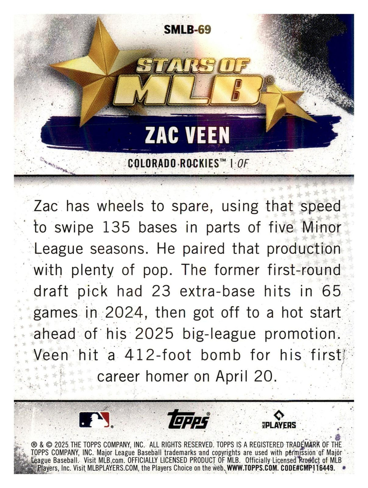 2025 Topps Update #SMLB-69 Zac Veen Stars of MLB back