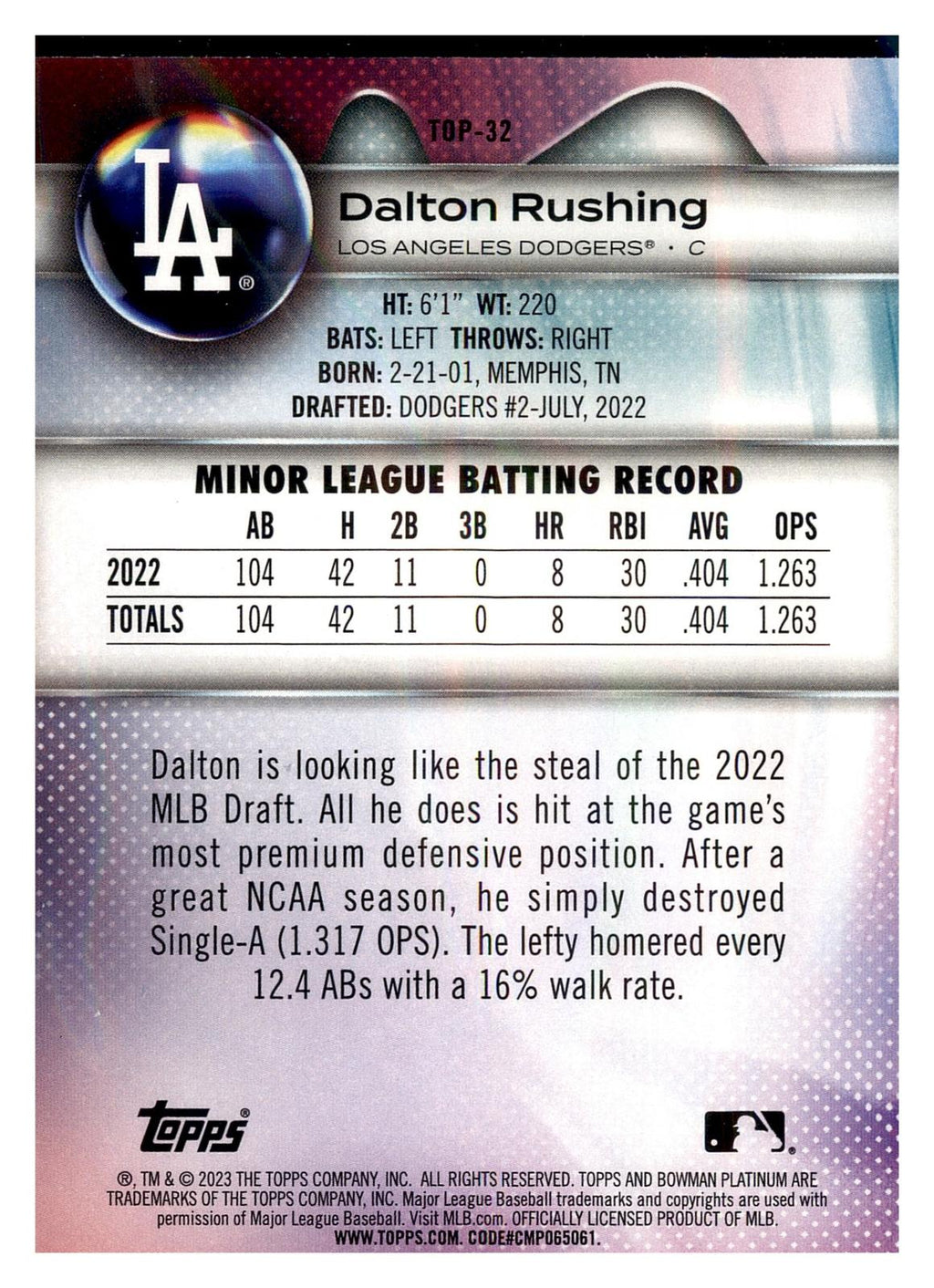 2023 Bowman Platinum #TOP-32 Dalton Rushing Top Prospects back