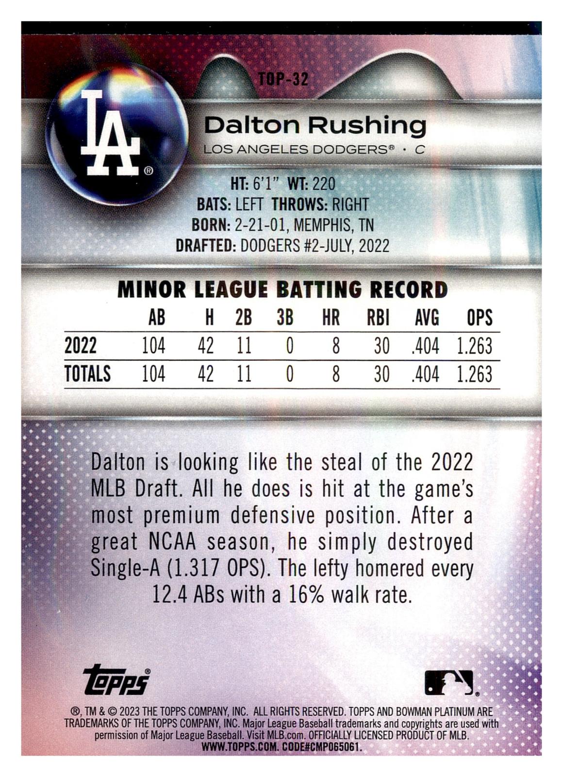 2023 Bowman Platinum #TOP-32 Dalton Rushing Top Prospects back