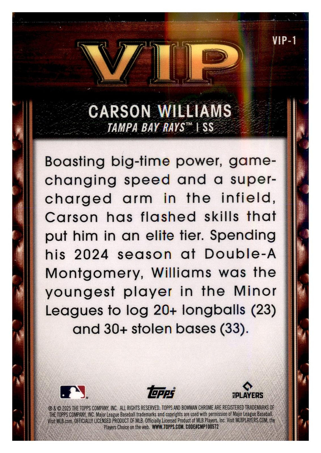 2025 Bowman #VIP-1 Carson Williams Very Important Prospects back