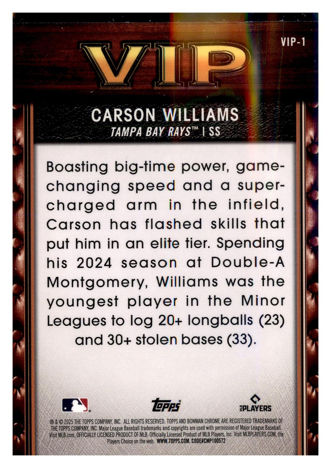 2025 Bowman #VIP-1 Carson Williams Very Important Prospects back