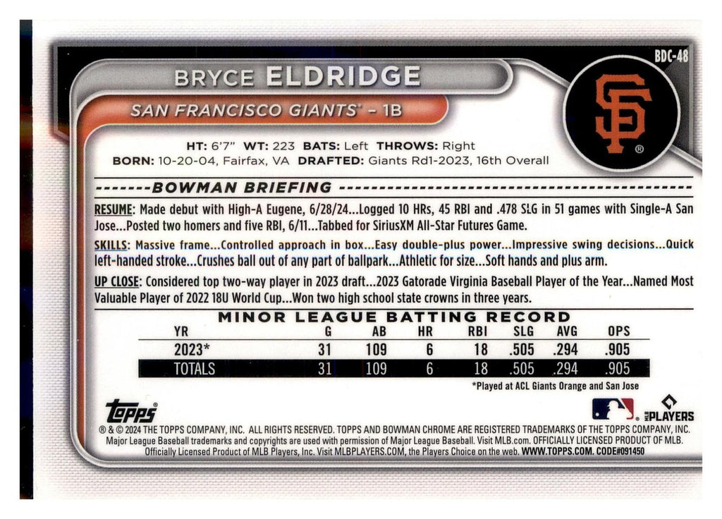 2024 Bowman Draft #BDC-48 Bryce Eldridge Chrome back