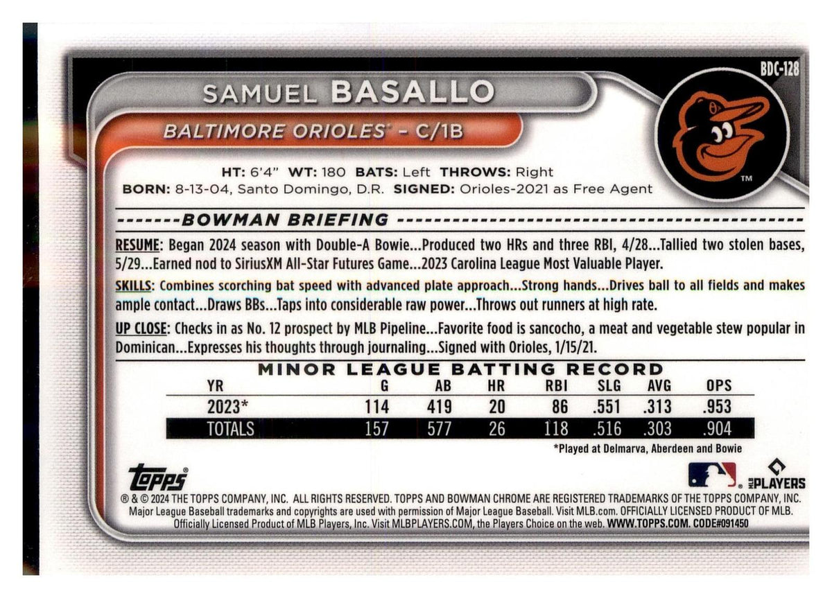 2024 Bowman Draft #BDC-128 Samuel Basallo Chrome back