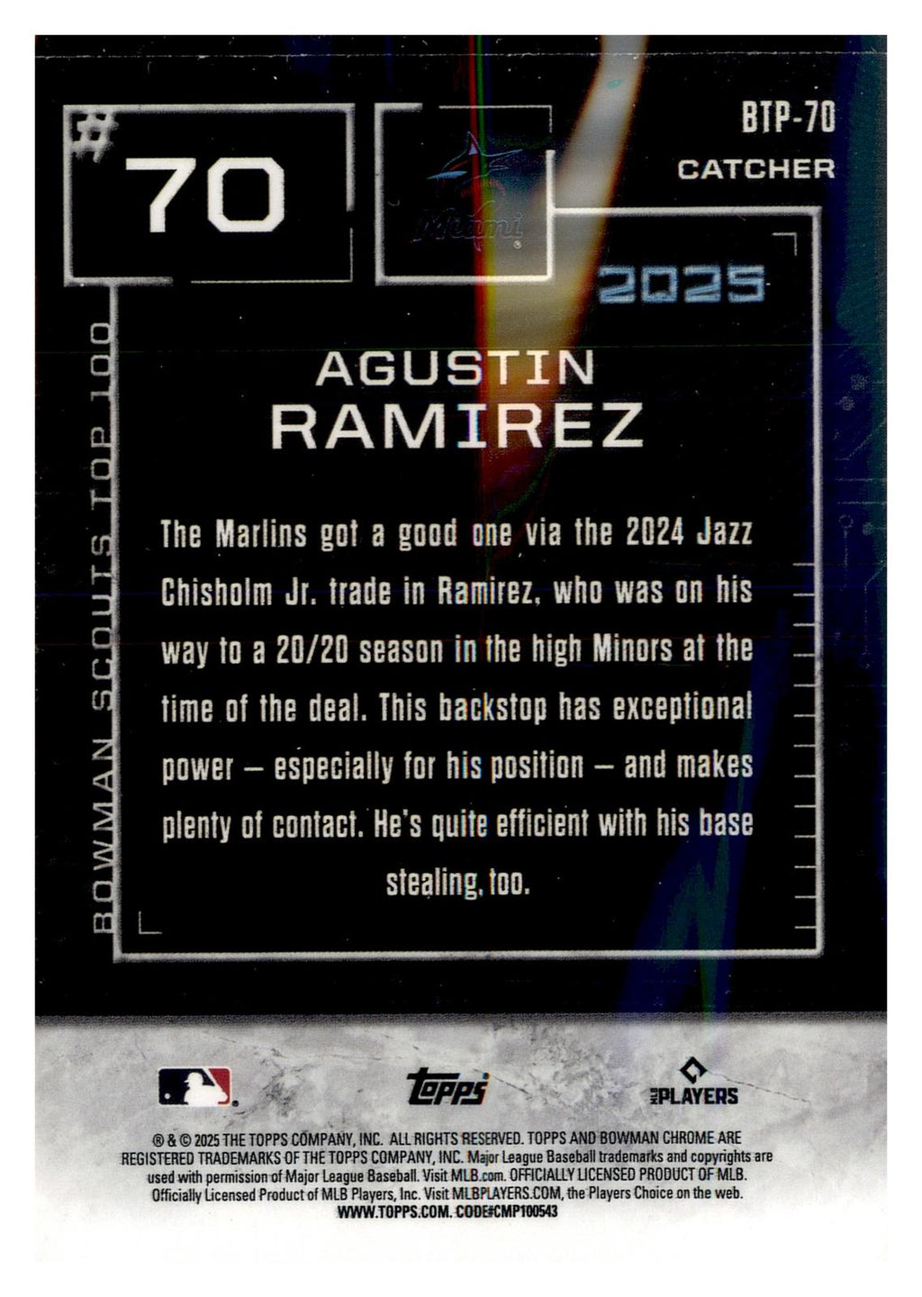 2025 Bowman #BTP-70 Agustin Ramirez Bowman Scouts Top 100 back