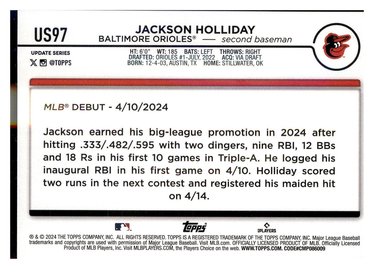2024 Topps Update #US97 Jackson Holliday back