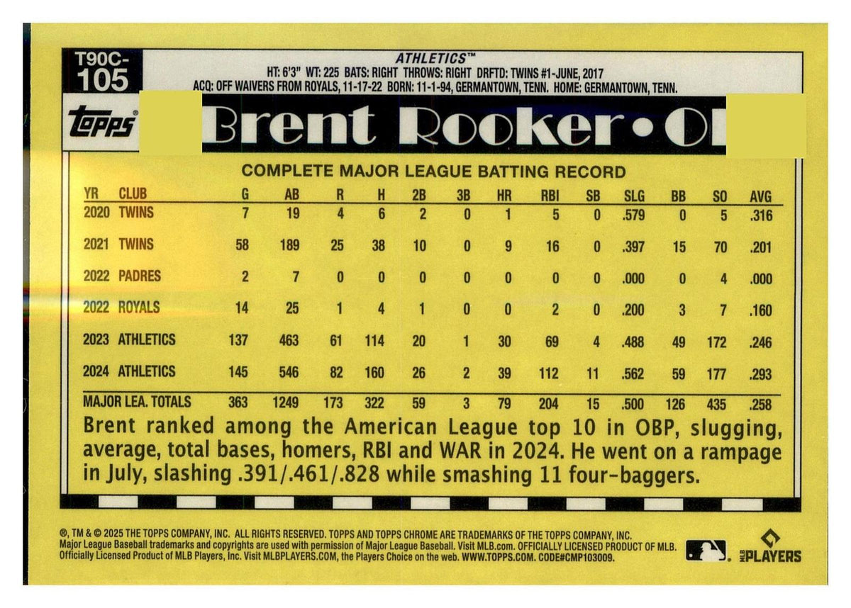 2025 Topps #T90C-105 Brent Rooker 1990 35th Anniversary Chrome (Series Two) back