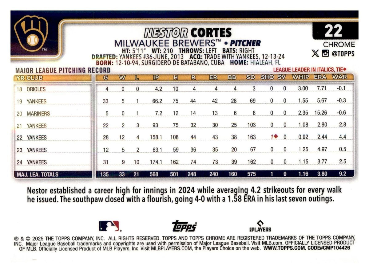 2025 Topps Chrome #22 Nestor Cortes Sepia Refractor back
