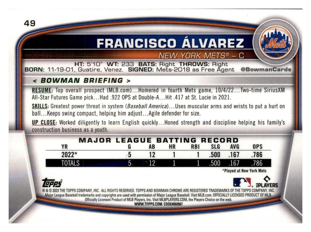 2023 Bowman #49 Francisco Álvarez Mojo Refractor back