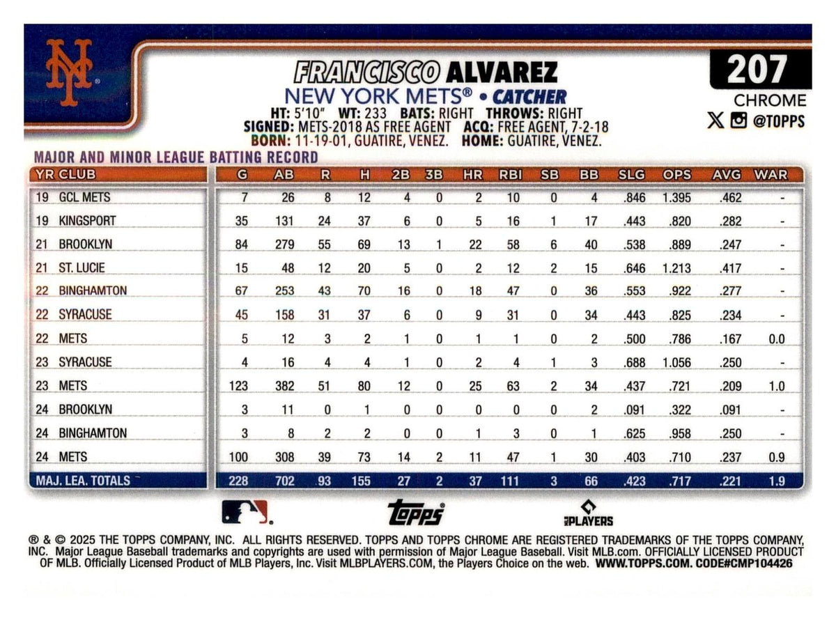 2025 Topps Chrome #207 Francisco Alvarez Prism Refractor back