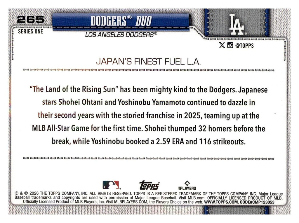 2026 Topps #265 Dodgers Duo (Ohtani/Yamamoto) back