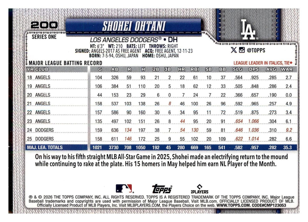 2026 Topps #200 Shohei Ohtani back