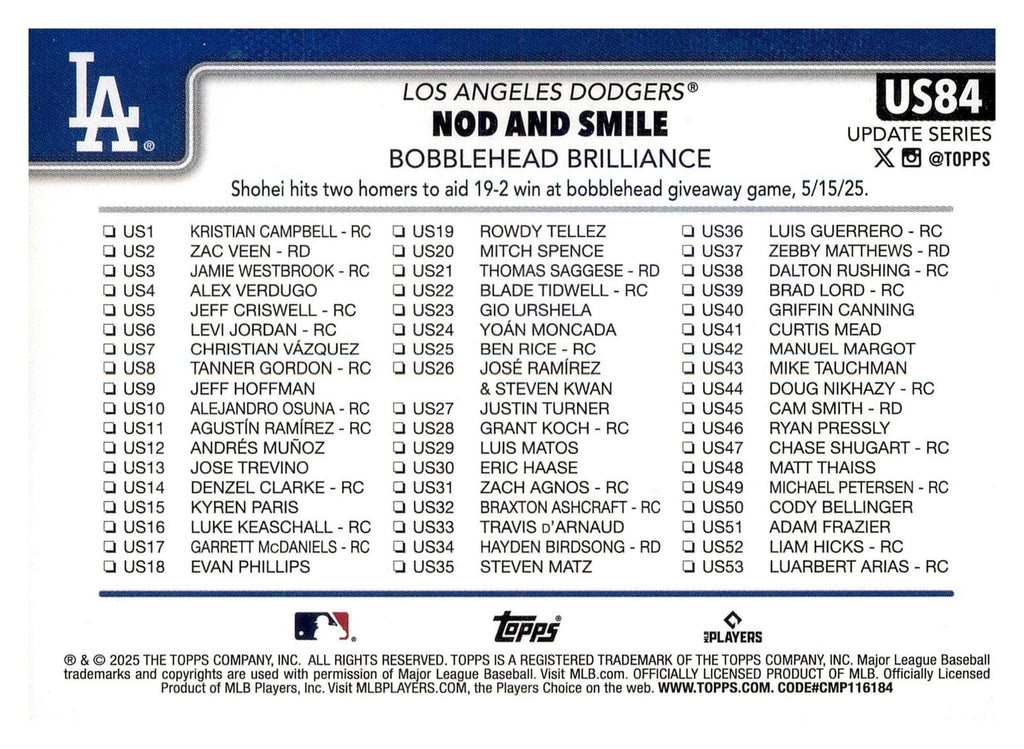 2025 Topps Update #US84 Nod and Smile (Shohei Ohtani) back
