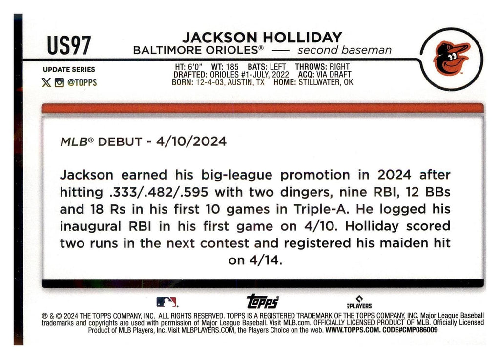 2024 Topps Update #US97 Jackson Holliday back