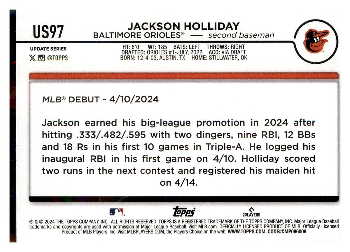 2024 Topps Update #US97 Jackson Holliday back
