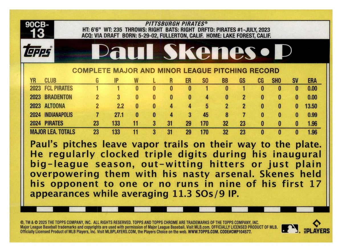 2025 Topps Chrome #90CB-13 Paul Skenes 1990 Topps Baseball 35th Anniversary back