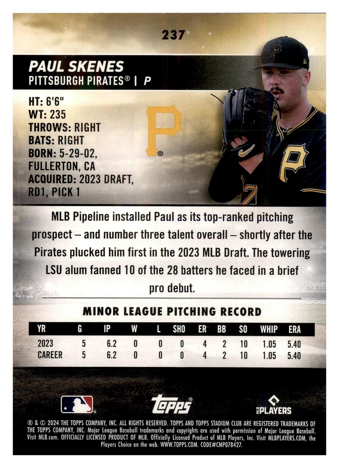 2024 Stadium Club #237 Paul Skenes back