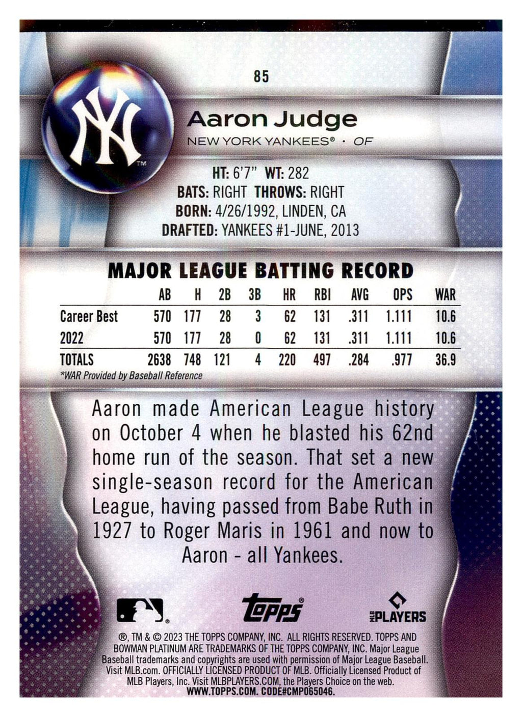 2023 Bowman Platinum #85 Aaron Judge back