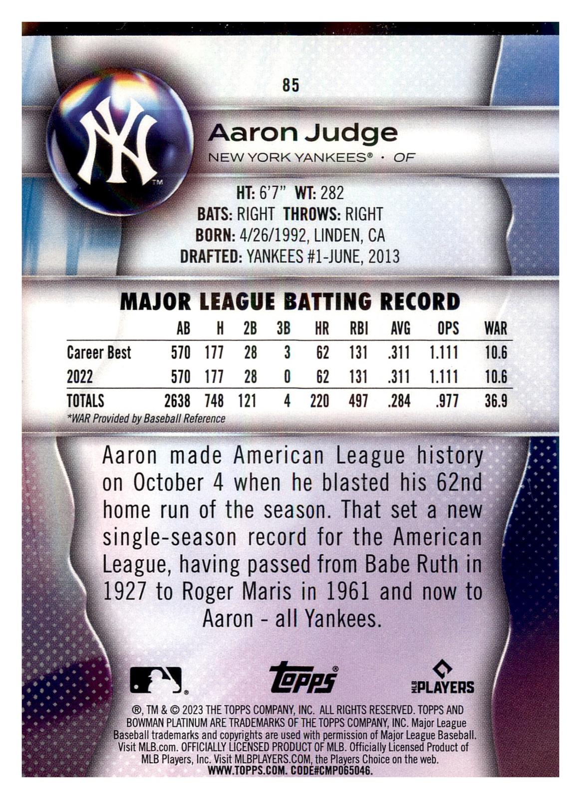 2023 Bowman Platinum #85 Aaron Judge back