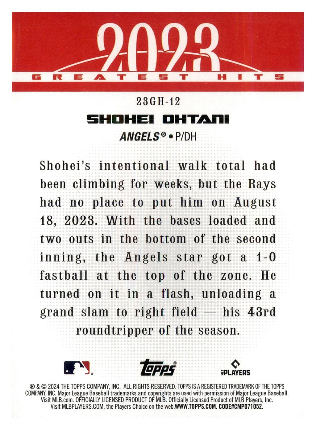 2024 Topps #23GH-12 Shohei Ohtani 2023 Greatest Hits back