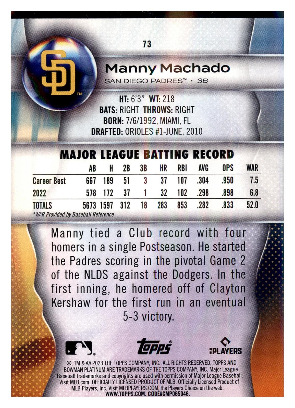 2023 Bowman Platinum #73 Manny Machado