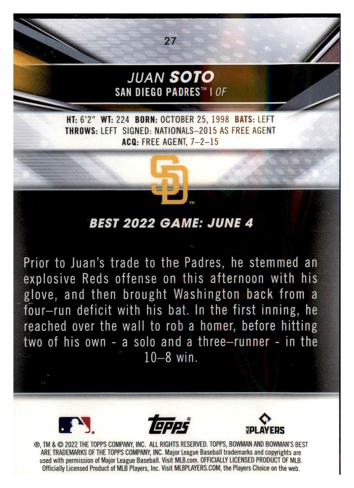 2022 Bowman's Best #27 Juan Soto Atomic Refractor