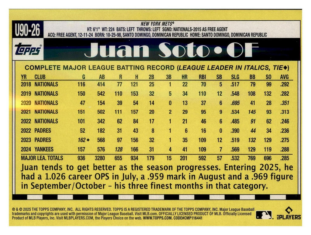 2025 Topps Update #U90-26 Juan Soto 1990 Topps Baseball 35th Anniversary