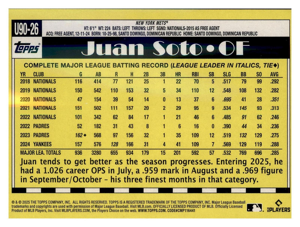 2025 Topps Update #U90-26 Juan Soto 1990 Topps Baseball 35th Anniversary
