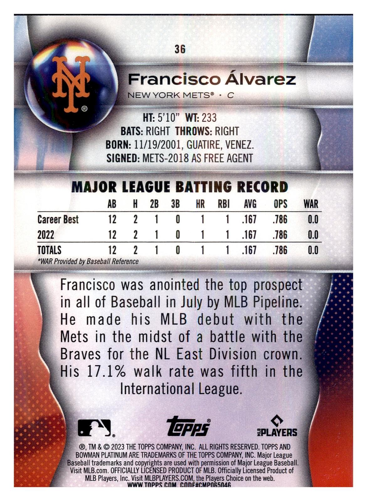 2023 Bowman Platinum #36 Francisco Álvarez Ice Foil RC