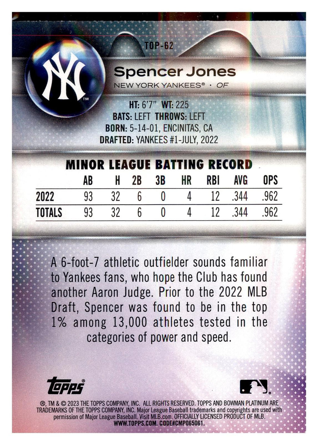 2023 Bowman Platinum #TOP-62 Spencer Jones Top Prospects