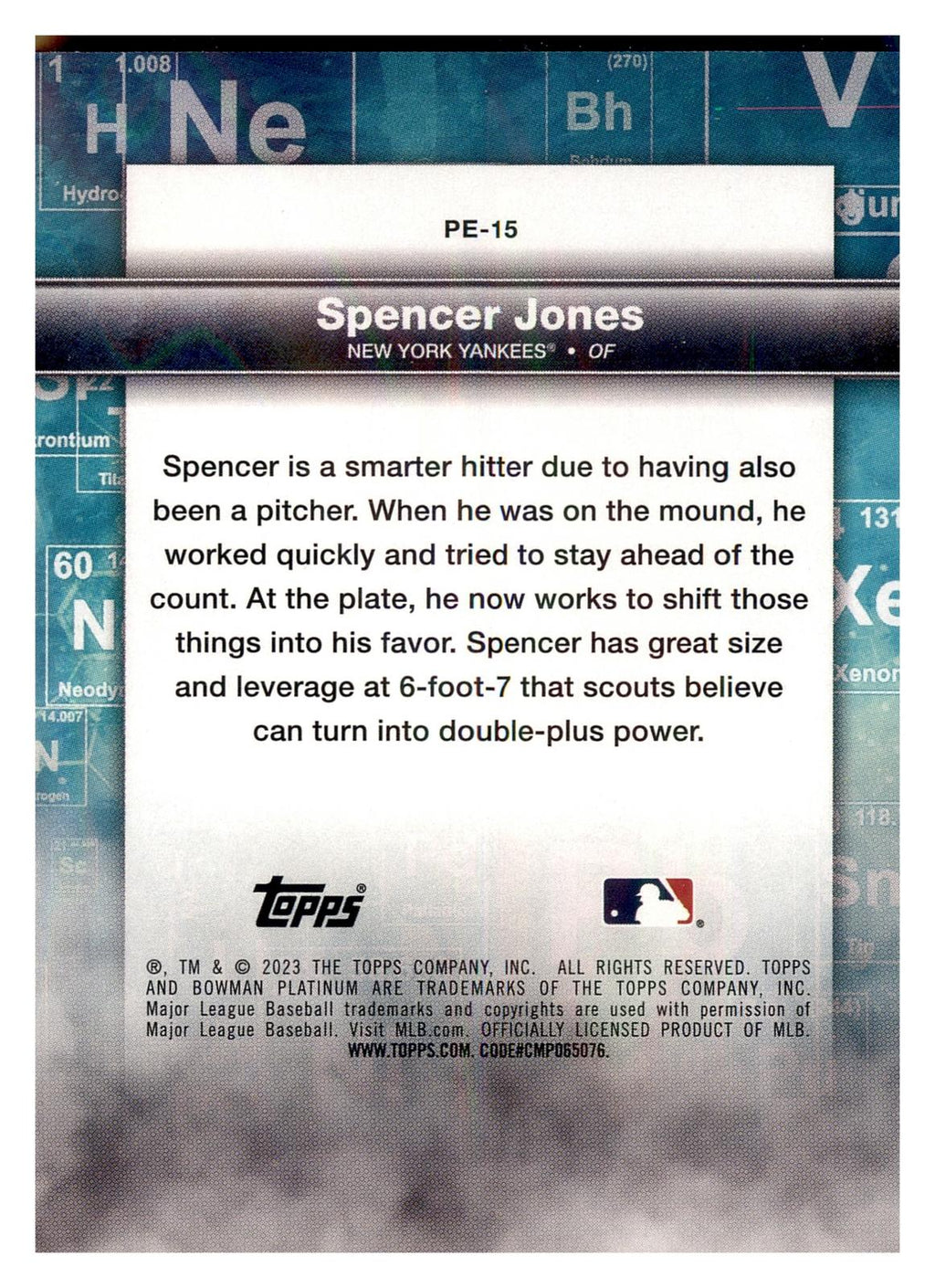 2023 Bowman Platinum #PE-15 Spencer Jones Precious Elements