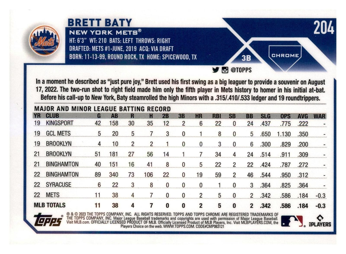 2023 Topps Chrome #204 Brett Baty RC