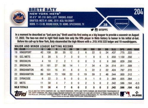 2023 Topps Chrome #204 Brett Baty RC