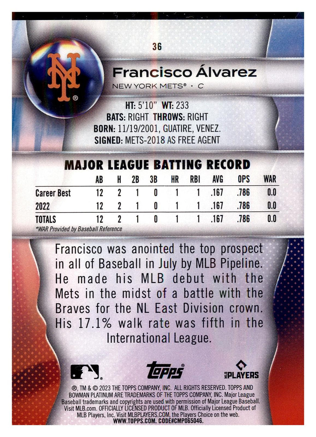 2023 Bowman Platinum #36 Francisco Álvarez RC