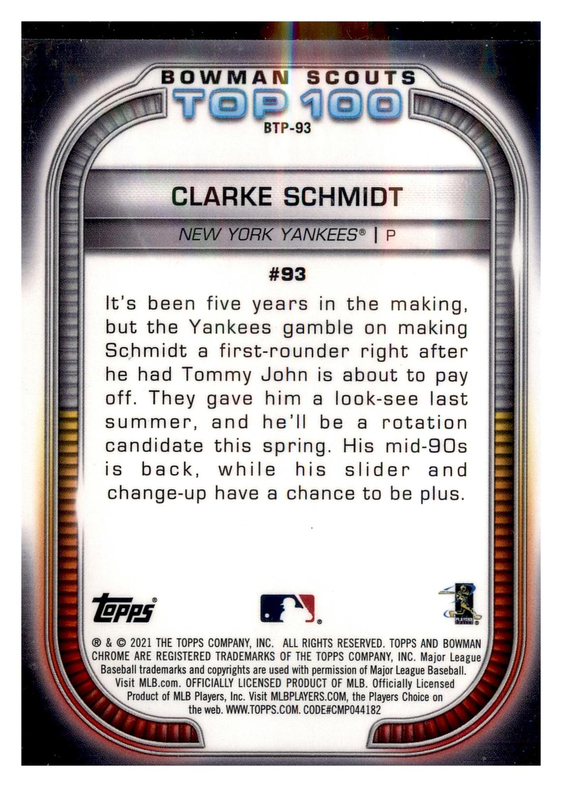 2021 Bowman #BTP-93 Clarke Schmidt Chrome Bowman Scouts Top 100