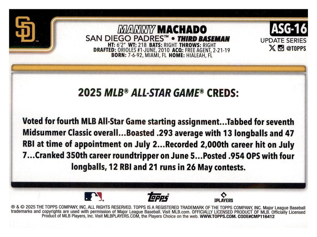 2025 Topps Update #ASG-16 Manny Machado 2025 All-Star Game