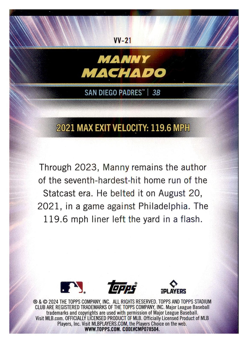 2024 Stadium Club #VV-21 Manny Machado Virtuosos of Velocity