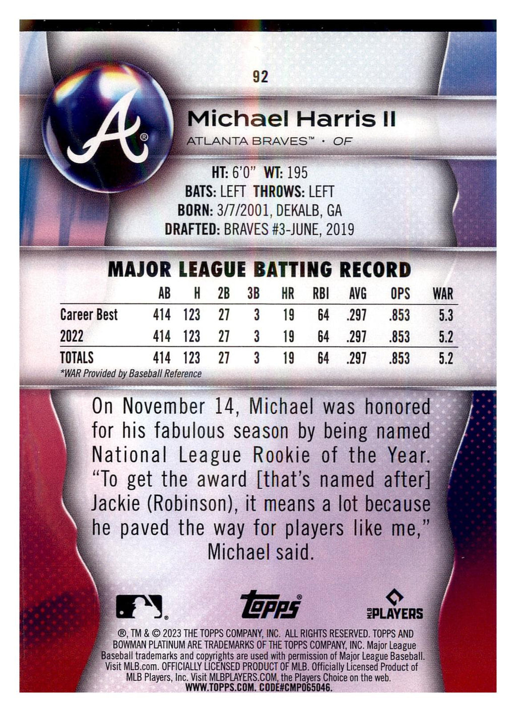 2023 Bowman Platinum #92 Michael Harris II RC