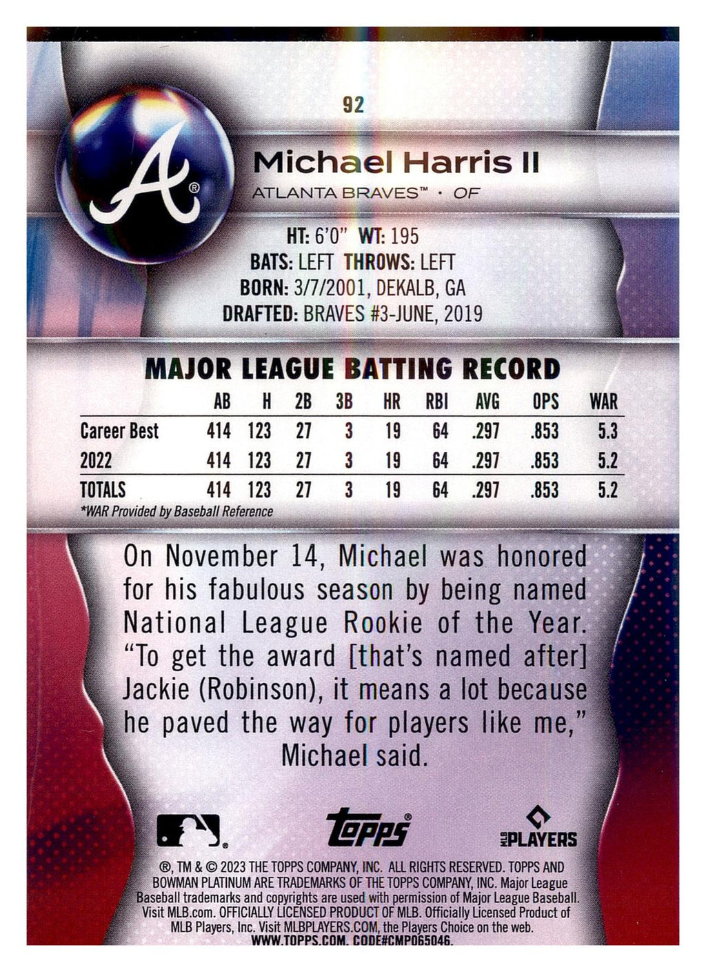 2023 Bowman Platinum #92 Michael Harris II Ice Foil RC
