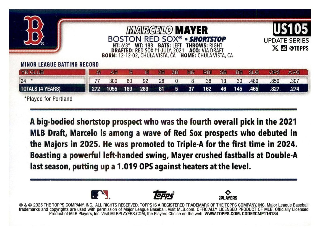2025 Topps Update #US105 Marcelo Mayer RC