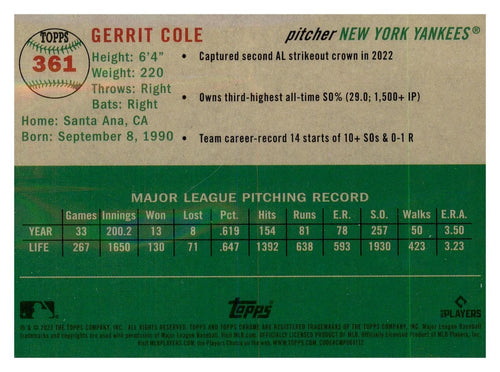 2023 Topps Chrome Platinum Anniversary #361 Gerrit Cole